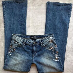 Clash Jeans Womens 9 Blue Low Rise Flare Floral Embroidered Sequin Y2K Denim